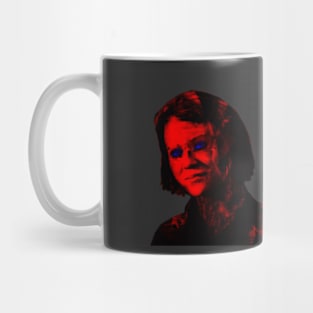 Beautiful girl. Red light, blue eyes. Gray. Dark but beautiful. Mug